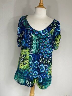 Forever Jade Women's Blue Green Abstract Aztec Scoop Neck T-Shirt Size 3X Boho